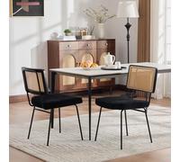 Moimhear Set di 2 sedie moderne per sala da pranzo, con imbottitura in ciniglia, senza braccioli, struttura in legno massello sullo schienale, effetto rattan, gambe in metallo regolabili, colore nero