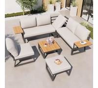 Moimhear Set di divani da giardino a forma di L, con braccioli in legno, resistente alle intemperie, in ferro, con tavolo in legno, poltrona e sgabello per 7 persone, con imbottitura (beige)