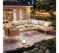 Moimhear Set di divani da giardino a forma di L, con braccioli intrecciati a mano, resistente alle intemperie, in ferro, con 2 tavolini e poltrone in legno, con imbottitura (beige)