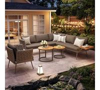 Moimhear Set di divani da giardino a forma di L, con braccioli intrecciati a mano, resistente alle intemperie, in ferro, include 2 tavolini e poltrone in legno, con imbottitura (grigio)