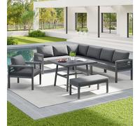 Moimhear Set di divani da giardino intrecciato a forma di L per un massimo di 8 persone, resistente alle intemperie, struttura in ferro resistente con imbottitura, completo di tavolo (vetro effetto