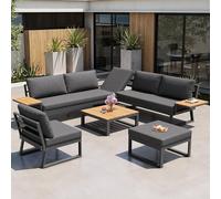 Moimhear Set di divano da giardino a forma di L, con braccioli in legno, resistente alle intemperie, in ferro, con tavolo in legno, poltrona e sgabello per 7 persone, con imbottitura (grigio)