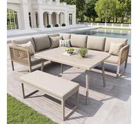 Moimhear Set di mobili da giardino con cuscino di alta qualità e cuscino per schiena, resistente alle intemperie, set di cuscini intrecciati a mano, in rattan sintetico, per 6-8 persone (beige)