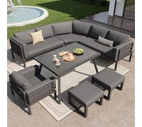 Moimhear Set divano da giardino a forma di mezzaluna, per 8 persone, struttura in ferro con imbottitura grigia, con tavolo in vetro, 1 poltrona e 2 sgabelli, mobili da terrazza resistenti alle