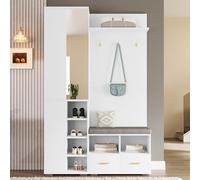 Moimhear Set guardaroba, guardaroba da parete, armadio da corridoio con specchio, 120x35x190cm, asta appendiabiti, con ripiano traforato, 3 ganci, 2 cassetti e vano portaoggetti, bianco