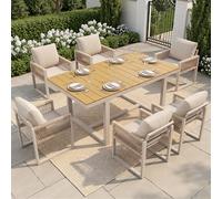 Moimhear Squisito set da pranzo da giardino, 7 pezzi, 1 tavolo + 6 sedie, per esterni, con corda intrecciata e cuscino, resistente alle intemperie e moderno, beige
