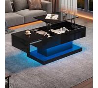 Moimhear Tavolino da caffè a LED lucido, 100 x 50 x 45 cm, piano semi-sollevatore e design scorrevole lateralmente, ascensore idraulico e spazio di archiviazione (nero)