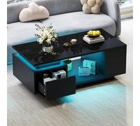 Moimhear Tavolino da caffè con cassetto, tavolino a LED lucido, con quattro ripiani laterali e un design traforato, 100 x 50 x 36 cm (nero)