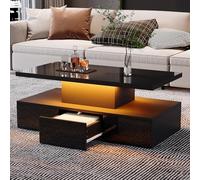 Moimhear Tavolino da salotto a due livelli, 100 x 50 x 39 cm, con luce LED a 16 colori, lucido, con ripiano espositivo e 1 cassetto scorrevole, nero