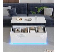 Moimhear Tavolino lucido con illuminazione a LED e spazio nascosto, tavolino con hub idraulico, 100 x 50 x 49,5 cm, portata 40 kg (bianco)