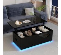 Moimhear Tavolino lucido con illuminazione a LED e spazio nascosto, tavolino con hub idraulico, 100 x 50 x 49,5 cm, portata 40 kg (nero)
