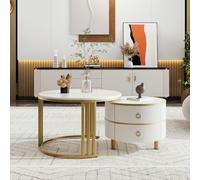 Moimhear Tavolino rotondo in MDF 2 in 1, tavolino con piano lucido e 1 piano in marmo bianco, tavolo da salotto con 2 cassetti, 70 x 70 x 46 + 50 x 50 x 40 cm (oro e bianco)