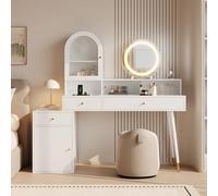 Moimhear Tavolo da toeletta con specchio LED, ripiano in vetro, regolabile, bianco