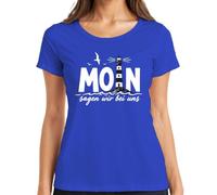 Moin Sagen wir bei uns Leuchtturm Statement, maglietta da donna, Blu, M