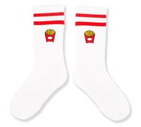 Moin Socks Calzini patatine fritte: calzini da tennis bianchi con sacchetto di patatine fritte ricamate e strisce rosse, unisex, bianco, 41-46