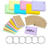 moinkerin Schede A8 600 pezzi 7,4 × 5,2 cm flashcard multicolori con 7 anelli e 12 schede kraft per casa, scuola e ufficio - carte lineate