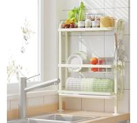 Mointal Porta Piatti da Cucina, Grande Scolapiatti a 3 Piani da Appoggio con Appoggio a Muro, Senza Forare, Ventose & Ganci, Bianco Crema