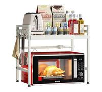 Mointal Scaffale Estensibile per Microonde, Ripiano per Microonde da Cucina 2 Livelli, Supporto per Microonde in Acciaio al Carbonio, Organizzatore di Stoccaggio da Cucina con 8 Ganci, Bianco