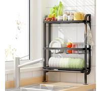 Mointal Scolapiatti 3 Piani sopra Lavello, Grande Cesto Scolapiatti da Appoggio con Appoggio a Muro, Senza Forare, Ventose & Ganci, Nero