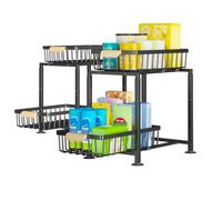 Mointal Set da 2 Organizer Sottolavello con Cestelli Scorrevoli & Manici in Legno, Cassetto Estraibile 2 Piani, Altezza Regolabile, per Cucina, Bagno, Nero