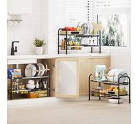 Mointal Set da 2 Scaffali da Cucina Estensibili, Organizzatore Modulare per Mobile Sottolavello & Piano di Lavoro, Larghezza (48-88 cm) & Altezza Regolabile, con 2 Porta Coperchi & 4 Cestelli, Nero