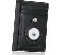 MOIRENTO Portafoglio sottile AirTag, in vera pelle, cuciture arancioni, blocco RFID, per uomini e donne, 5 slot per carte e slot per banconote, con supporto AirTag, portafoglio Apple per viaggi sicuri