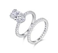 Moissanite Anelli da donna Vintage 2 anelli eterni con moissanite ovale 9K/14K/18K oro bianco/argento platino Pt950, 20 (19,1), Oro bianco 18 carati (750), Moissanite