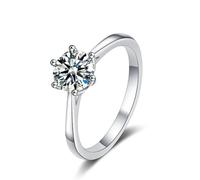 Moissanite, anello da donna, anello solitario rotondo, con 6 artigli e moissanite 9 K/14 K/18 carati, oro bianco e argento, 20 (19,1), Oro bianco 18 carati (750), Moissanite