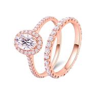 Moissanite Fede nuziale, anello di fidanzamento in oro rosa 2 pezzi 14 K con moissanite di forma ovale, misura Q 1/2