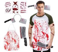 Moiuguli Costume Halloween Uomo Horror, Coltello Finto Halloween Costume Da Macellaio Halloween Grembiule Insanguinato Viene Fornito Con Adesivi e Fascia per La Testa per Halloween Carnevale Feste