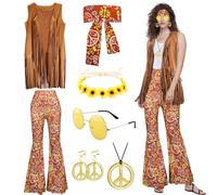 Moiuguli Hippie Donna, Vestito Hippie Anni '70, Costumi Carnevale Adulti con Orecchini Collana Fascia per Capelli，Utilizzare per Le Feste di Martedì Grasso