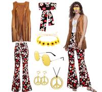Moiuguli Hippie Donna, Vestito Hippie Anni '70, Costumi Carnevale Adulti con Orecchini Collana Fascia per Capelli，Utilizzare per Le Feste di Martedì Grasso