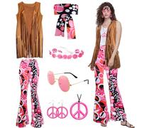 Moiuguli Hippie Donna, Vestito Hippie Anni '70, Costumi Carnevale Adulti con Orecchini Collana Fascia per Capelli，Utilizzare per Le Feste di Martedì Grasso