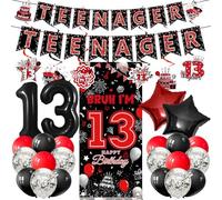 MOIZYNG Decorazioni per il 13° compleanno per ragazzi e ragazze, 30 pezzi, nero rosso ufficiale Adolescente Bruh I'm 13 Birthday Banner Sfondo Palloncini da appendere Vortici per 13 anni Forniture per