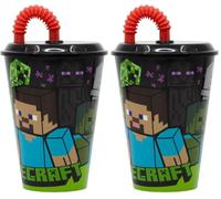 Mojang Bicchiere in plastica Minecraft per bambini da 430 ml, senza BPA, riutilizzabile e lavabile, con cannuccia e coperchio (Confezione da 2)