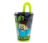 Bicchiere in plastica Mojang Minecraft per bambini da 430 ml, senza BPA, riutilizzabile e lavabile, con cannuccia e coperchio