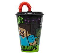 Bicchiere in plastica Mojang Minecraft per bambini da 430 ml, senza BPA, riutilizzabile e lavabile, con cannuccia e coperchio