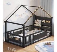 mojiasion Letto a casetta, 90 x 200 cm, con protezione anticaduta (46 cm) e LED, letto per bambini in metallo secondo Montessori, vano portaoggetti e tasca laterale, ringhiera di sicurezza, nero