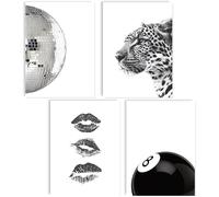 mojoliving Set di poster moderni da parete, leopardo discoteca, a sfera, per labbra, per soggiorno, camera da letto, ufficio, galleria