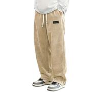 Mokaloha Corduroy Pants, Men's Daily Casual Loose Elastic Waist Pocket Pants, with Embroidered Logo (Khaki,L)