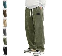 Mokaloha Corduroy Pants, Men's Vintage Casual Embroidery Logo Tether Drawstring Loose Elastic Waist Pocket Trousers (Green,L)
