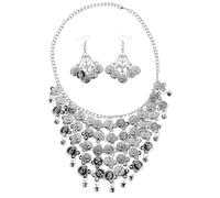 MOKKHNB 1 Set di orecchini e catena per il viso da danzatrice del ventre - Orecchini pendenti con monete e catena per il viso con ritratto di moneta per costume di scena, colore argento