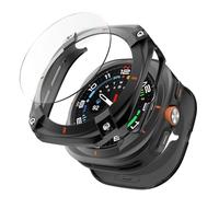 MoKo 3 in 1 Cover in Metallo per Samsung Galaxy Watch Ultra 47mm (2025/2024), Custodia Protettiva e Cover Posteriore Rigida in PC, Protezione per Schermo in Vetro Temperato HD, Nero/Arancione