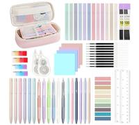 MoKo 56 Pezzi Materiale Scolastico con Astuccio per Matite, Cancelleria per Studenti l'ufficio, 12 Penne Gel, 12 Evidenziatori Pastello, 6 Matite Meccaniche 0,5/0,7 mm, Schede Appunti (Rosa)