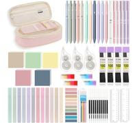 MoKo 60 Pezzi Materiale Scolastico, Astuccio per Matite Rosa, 5 Penne Gel a Inchiostro 6 Matite Meccaniche con Ricariche Gomme 12 Evidenziatori Pastello, Schede Appunti, Cancelleria per Studenti