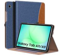 MoKo Cover per Samsung Galaxy Tab A11 8,7 Pollici 2025, Galaxy Tab A9 8,7 Pollici 2023, Custodia in Pelle PU per Visualizzazione Multiangolo con Cinghia da Mano, Tasca Frontale, Denim Blu Marrone
