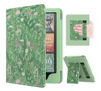 MoKo Custodia Compatibile con 7"/6.8" Kindle Paperwhite(12th/11th Generazione 2024/2021), Magnete Riattivazione e Standby, Con Supporto Verticale e Cinturino, Fiore verde