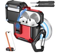 MoKo per Custodia AirPods 4 con Chiusura 2024 - Compatibile con MagSafe, Supporto per Telefono & Pop-up Auto per Custodia AirPod 4a Generazione, Copertura Protettiva con Kit Pulizia, Rosso+Nero