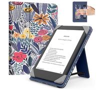 MoKo Universale Custodia per 6 Pollici Kindle eReader da Tablet, Kindle/Kobo Clara/Tolino/Pocketook/Sony E-Book Tablet, Custodia Leggera Folio con Cinghia da Mano e Cavalletto, Fiorellino con Blu