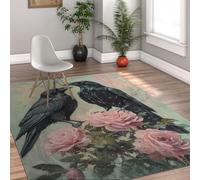 MOKOSAISE Black Crows Pink Roses Tappeto lavabile 60x120cm Tappeto vintage gotico floreale di uccelli a pelo basso per soggiorno Camera da letto